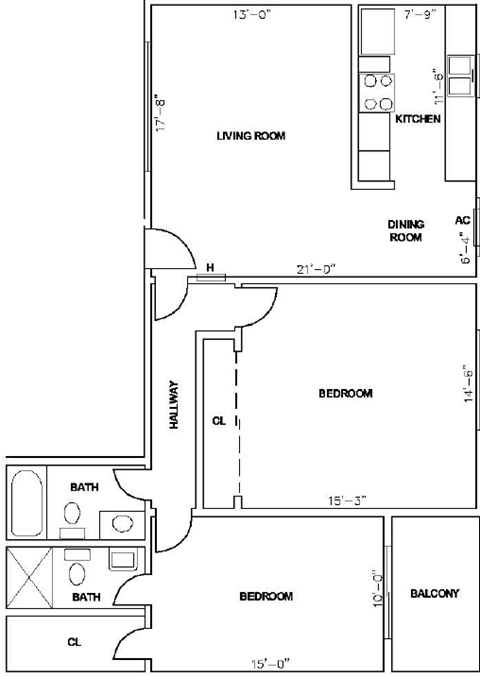 Floor plan for 2 beds, 2 baths, 1028 sqft